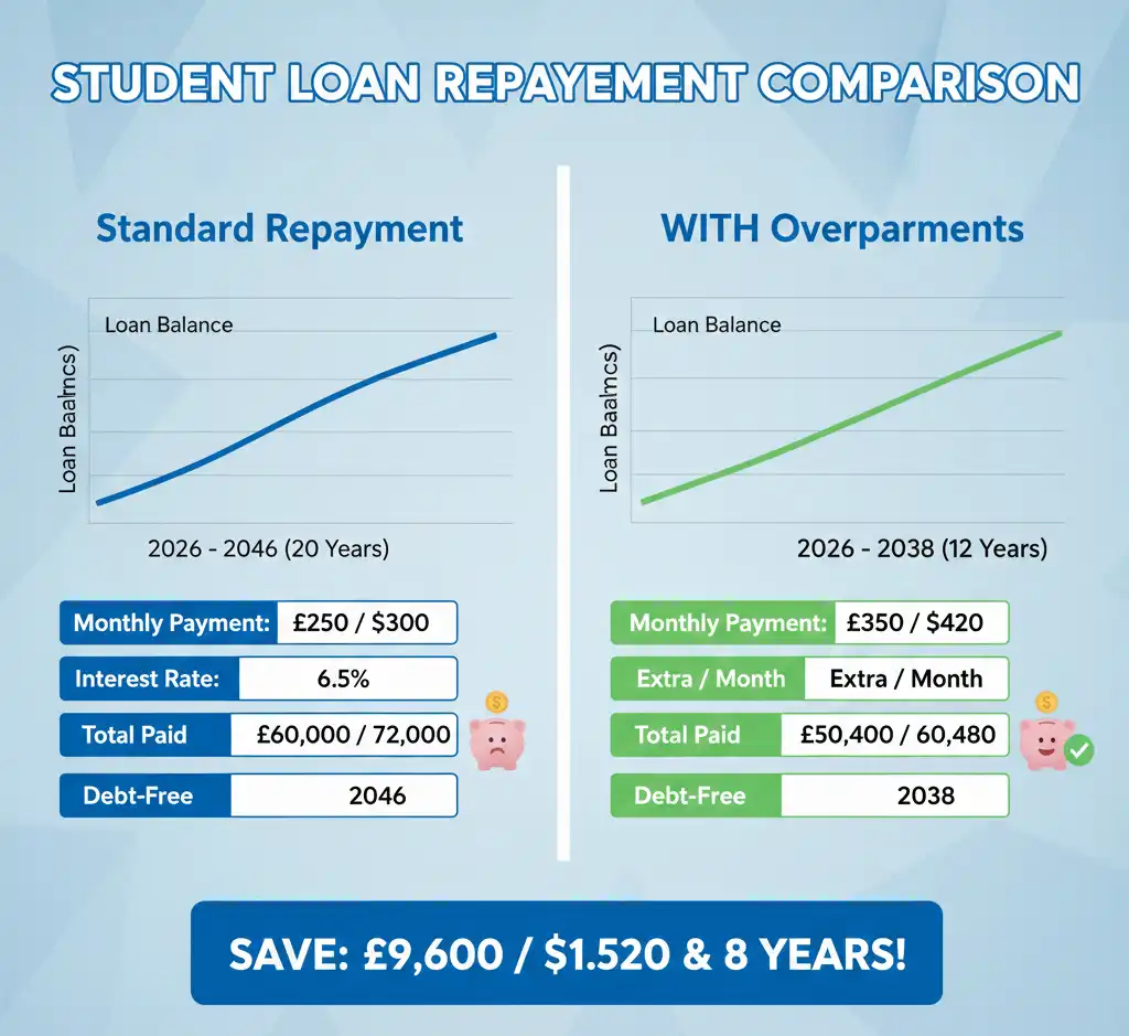 Comparison chart of how student loan repayments are calculated with overpayments