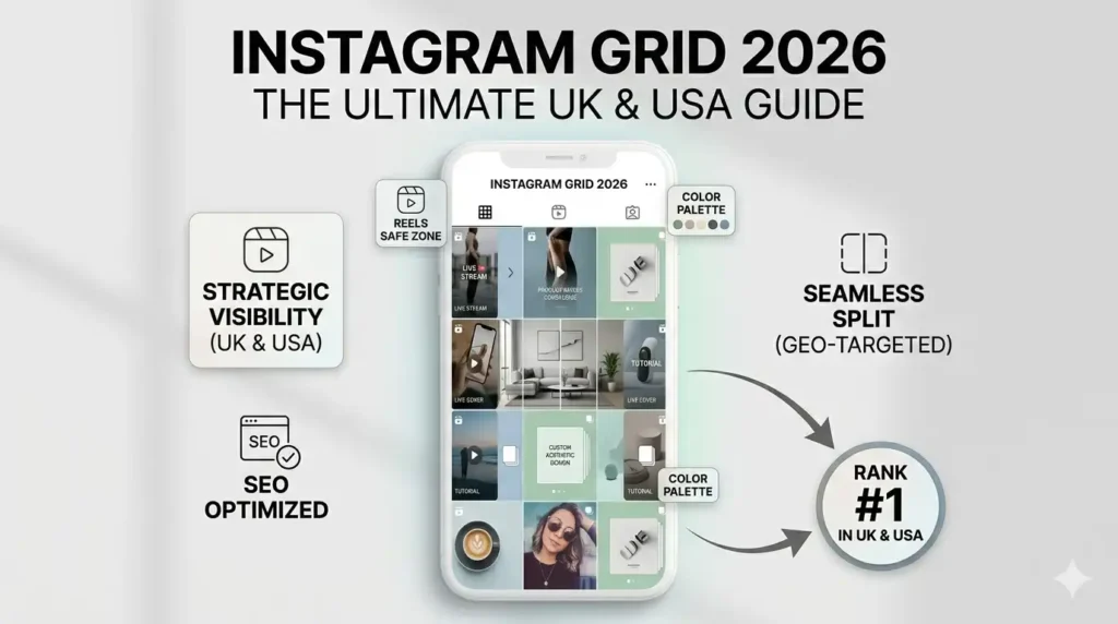 Instagram grid 2026 ultimate UK USA guide featured image dynamic hybrid layout color palette split technical SEO