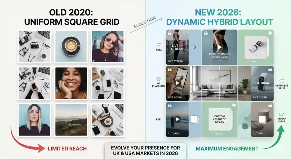 Instagram grid evolution comparison 2020 vs 2026 for UK USA brands