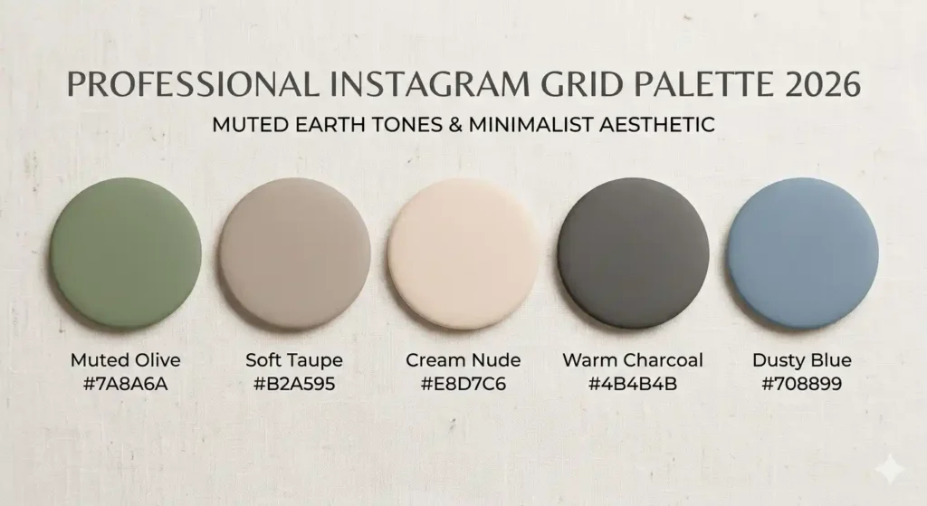 Premium Instagram grid color palette muted earth tones minimalist aesthetic for 2026 UK USA